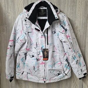 Free Soldier Waterproof White Abstract Splatter Ski Jacket Womens Size Large NWT